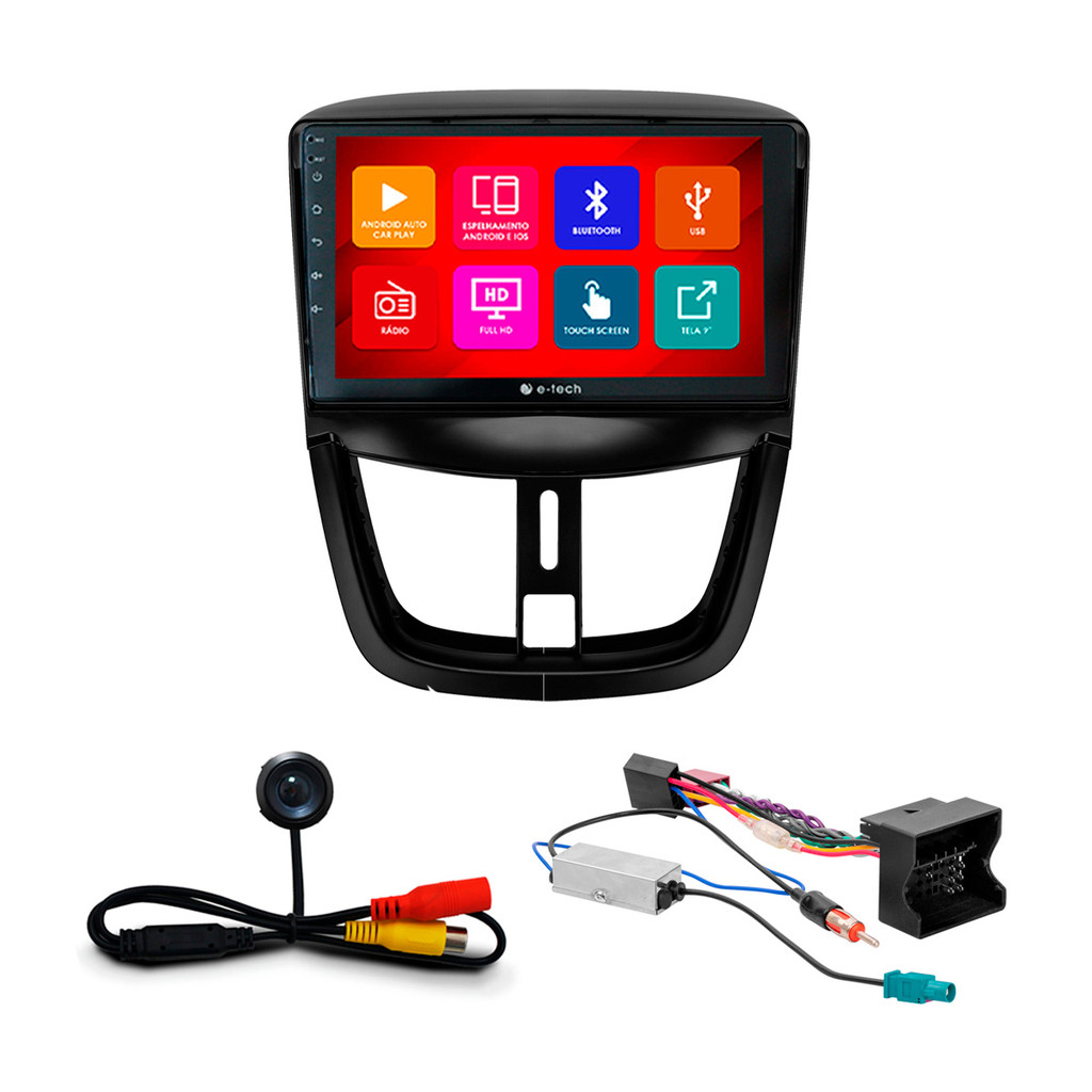 Kit Multimídia 9 Pol Peugeot 207 2006 07 08 09 10 11 2012 Android Auto CarPlay Qa+ 2 Din Preto Espelhamento Android Ios