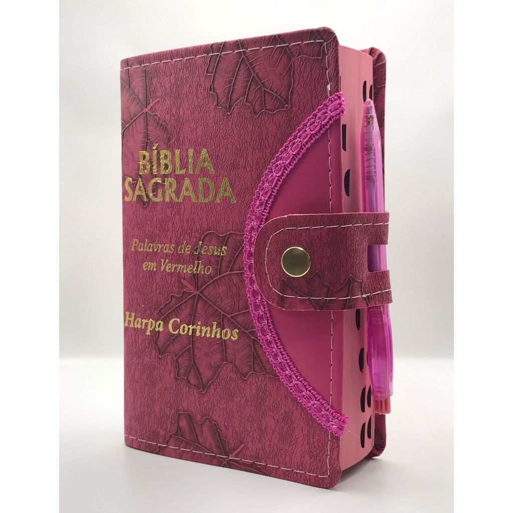 Bíblia Sagrada Tamanho médio 12,5x19 cm Com Harpa palavras de Jesus em vermelho Botão Capa Folha pink