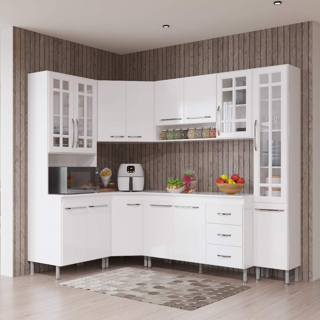 Armário de Cozinha Modulada Completa Fidelitá Viena 6 Peças 375cm 14 Portas 3 Gavetas Com Tampo Branco