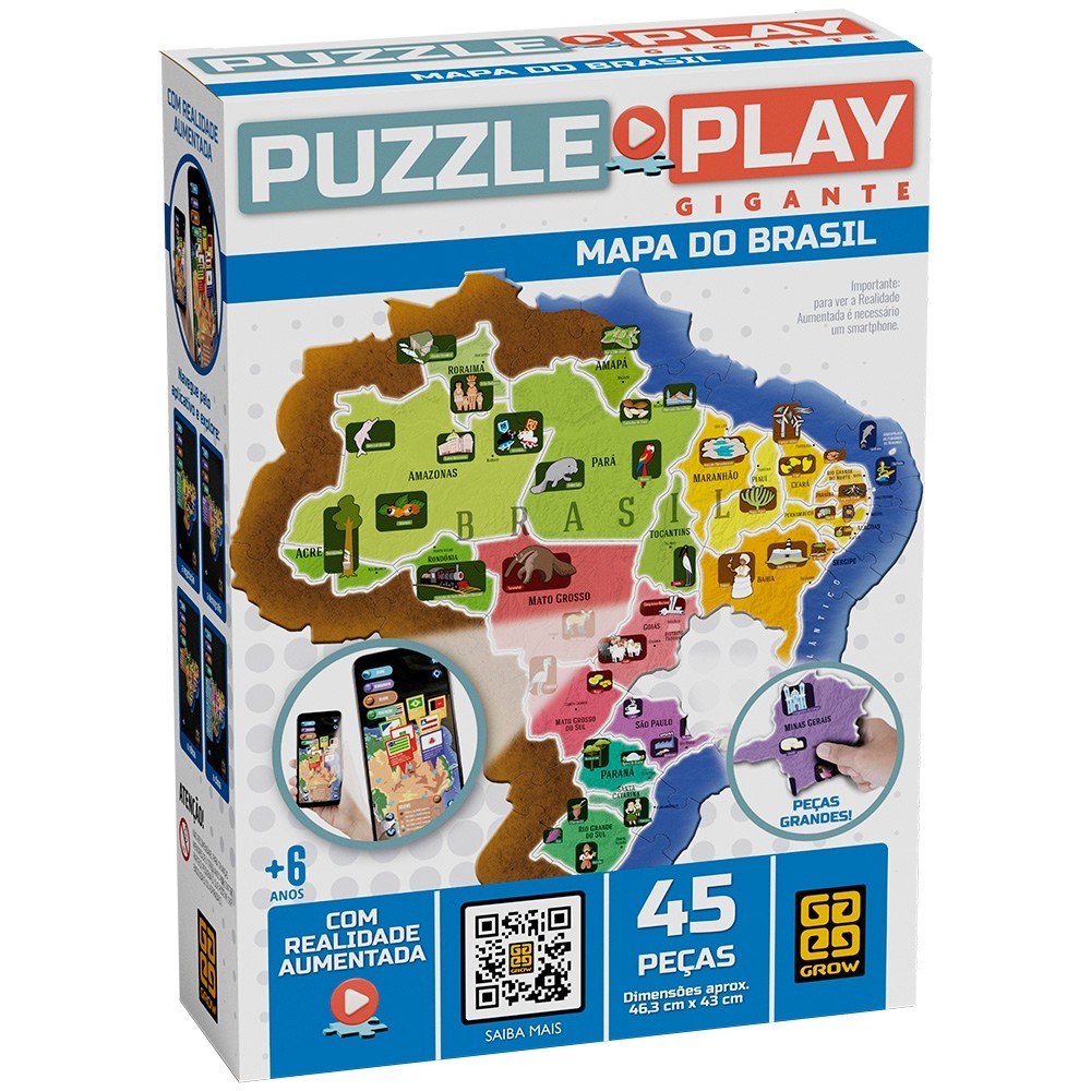 QUEBRA CABEÇA PUZZLE PLAY GIGANTE MAPA DO BRASIL 45 PEÇAS GROW REALIDADE AUMENTADA 3D APLICATIVO APP