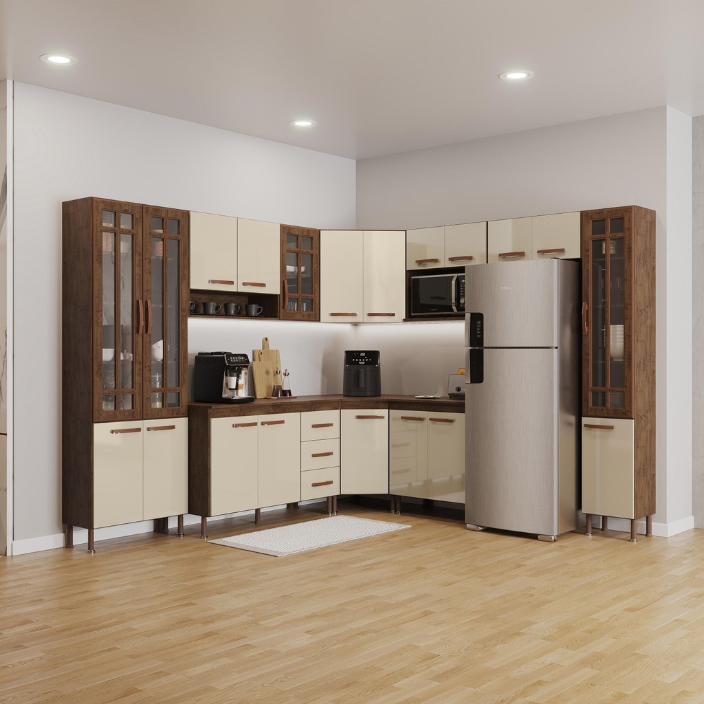 Cozinha Modulada Completa Fidelitá Lisboa 9 Peças 515cm 20 Portas 3 Gavetas Com Tampo Noce/Off-White