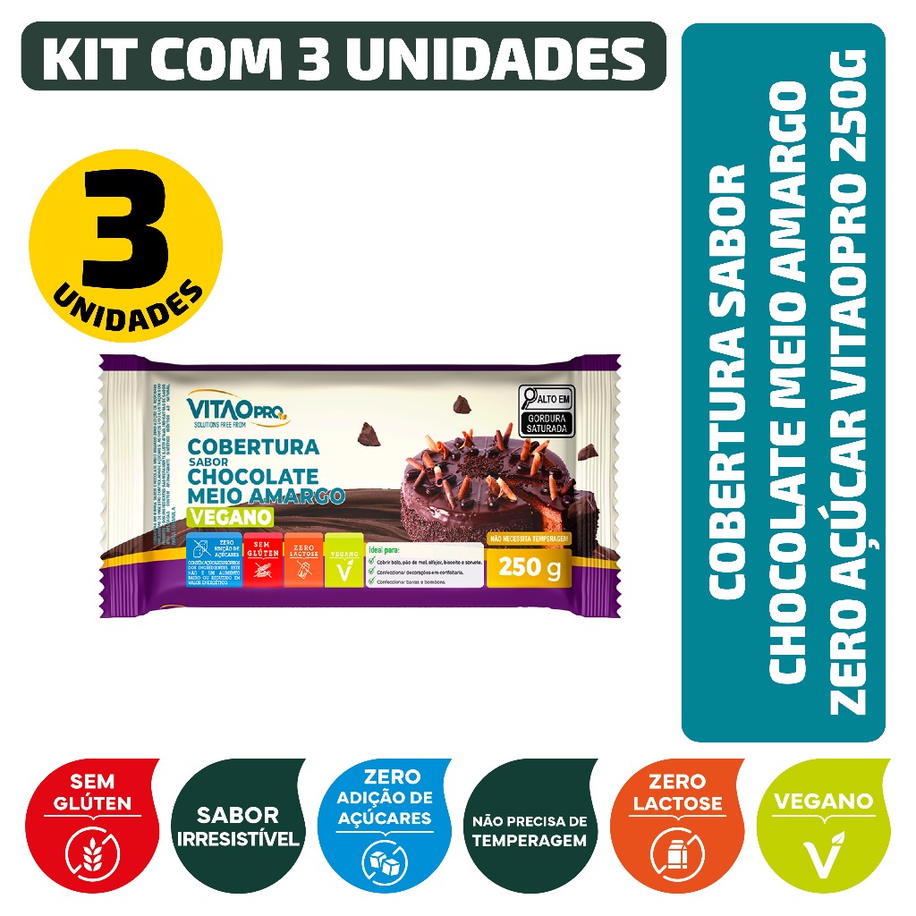 Kit Cobertura Sabor Chocolate Meio Amargo Zero Açúcar Vitaopro 250G - 3 Unidades