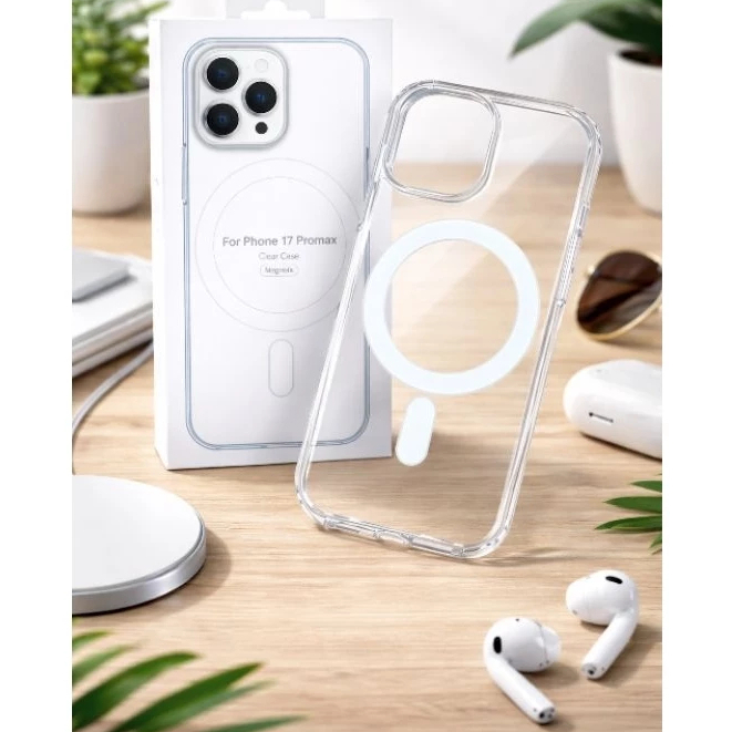 Capa Magnética MagSafe Transparente iPhone 11 12 13 14 15 16 16E 17 Pro Max Air-Carregamento Sem Fio