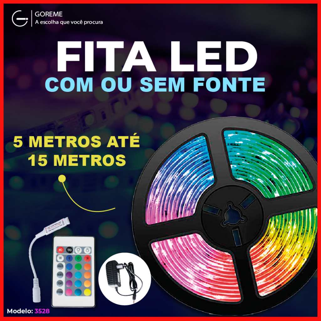 Fita LED 5050 SUPER LED ULTRA RGB 15M 12V 300 LEDS FITA + CONTROLE + FONTE | 16 CORES IP20