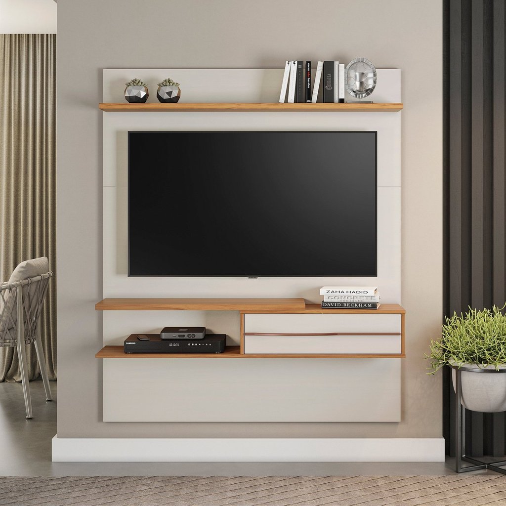 Painel para TV até 55 Polegadas 135cmx160,2cm Porta 1 Prateleira Nt 1155 Branco Off White/Freijó Trend Off