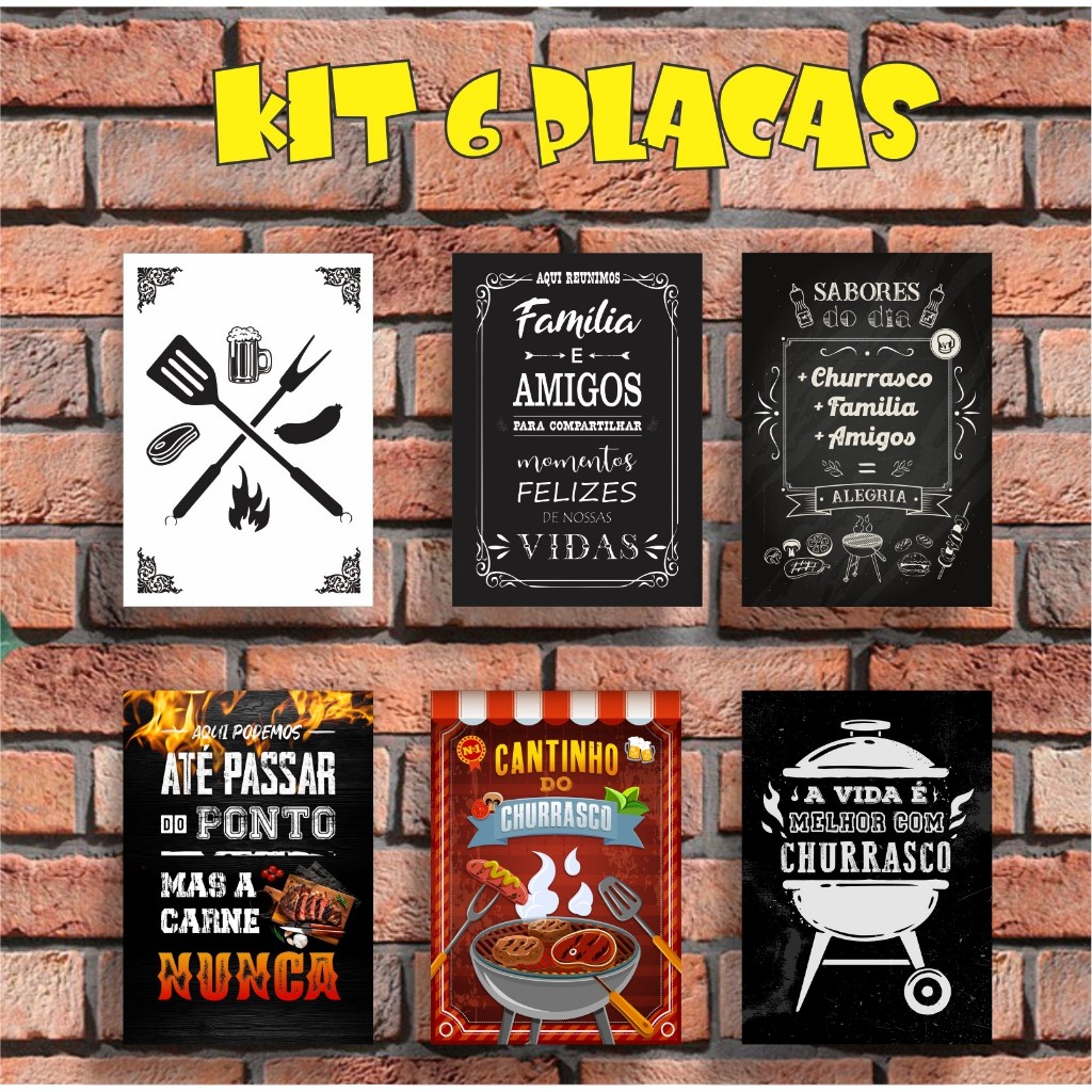 KIT 6 PLACAS/QUADROS DECORATIVOS - CANTINHO DO CHURRASCO