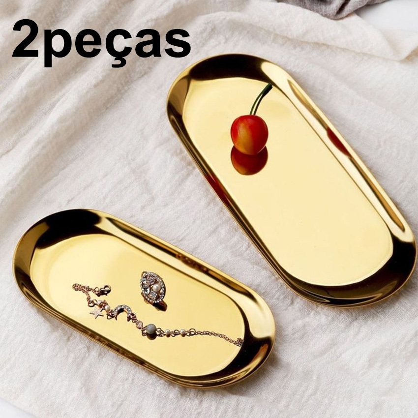 Kit1/ 2 Bandeja Aco Inoxidavel Luxo Decorativa para Jóias Alimentos Dourado