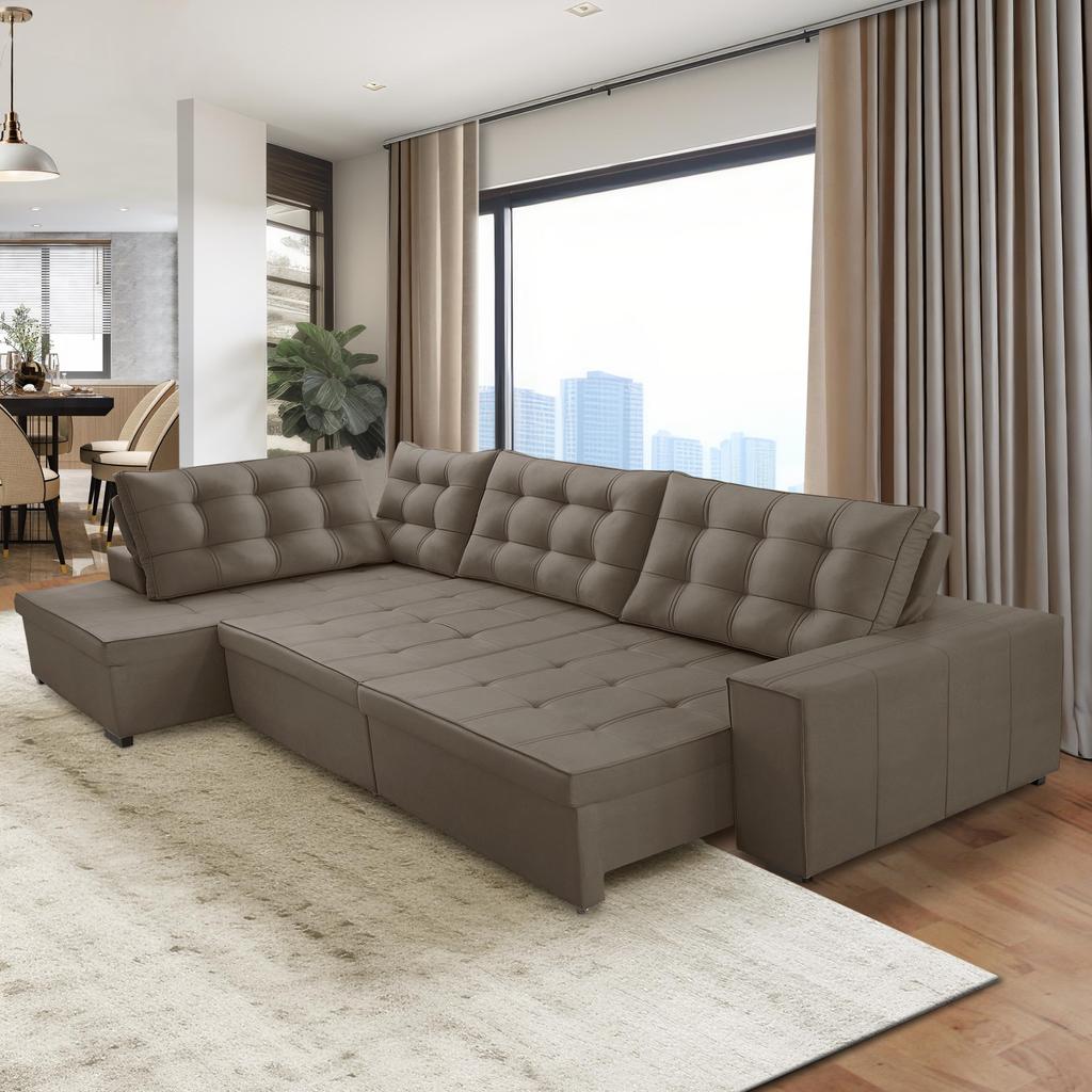 Sofá de Canto Retrátil e Reclinável com Molas 3,00x2,00 Esq Jacke Suede Cappuccino Adonai Estofados