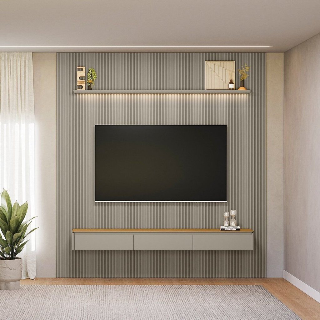 Painel Ripado para TV até 85 Polegadas com LED MDF 260cmx250cm Modular Cinza Tauari/Gris Fosco Tauari/Gris Fosco