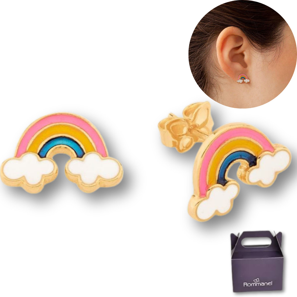 Brinco Infantil De Arco-íris Com Nuvens - Rommanel Original Colorido Folheado a Ouro antialergico