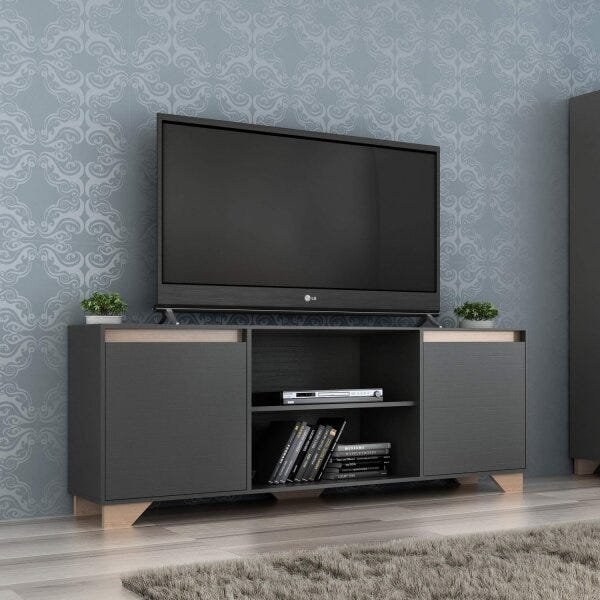Rack para TV até 42 Polegadas 135cm 2 Portas 3 Prateleiras Benevello Cinza Grafite Grafite
