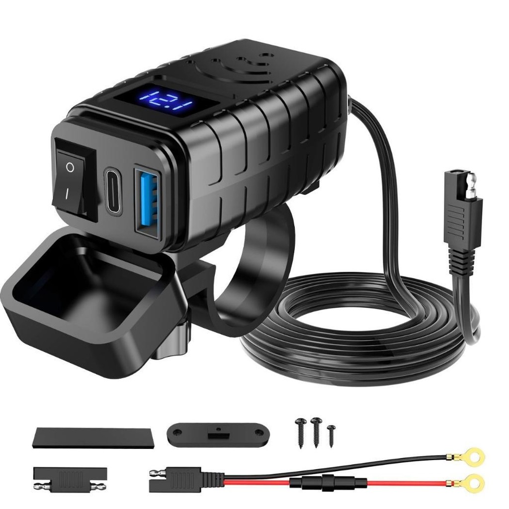 Tomada Carregador Adaptador USB Com Interruptor Voltimetro Suporte Guidão
