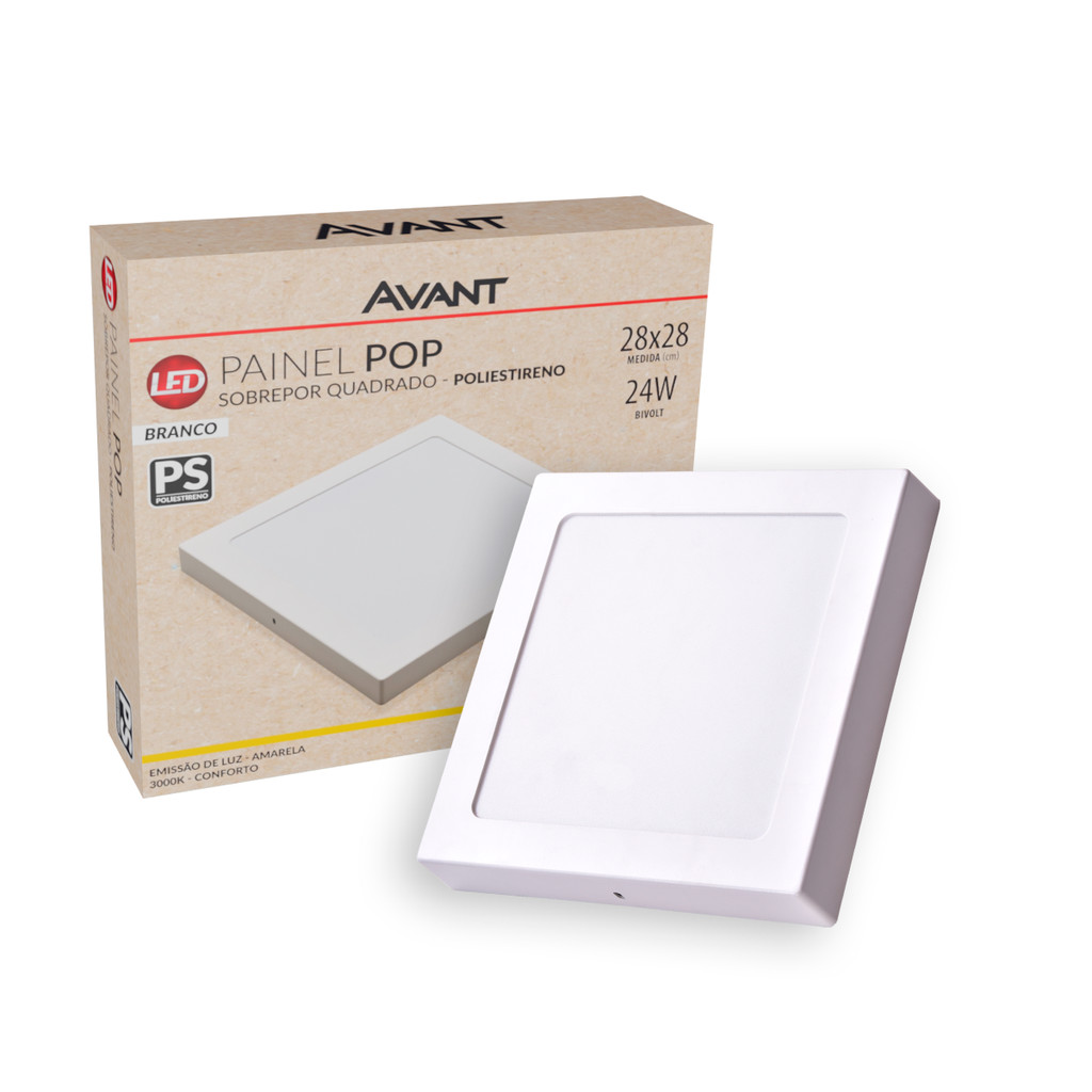 Kit 4 Painéis Led Pop Quadrado Sobrepor 24W 3000k 30x30 Br Avant