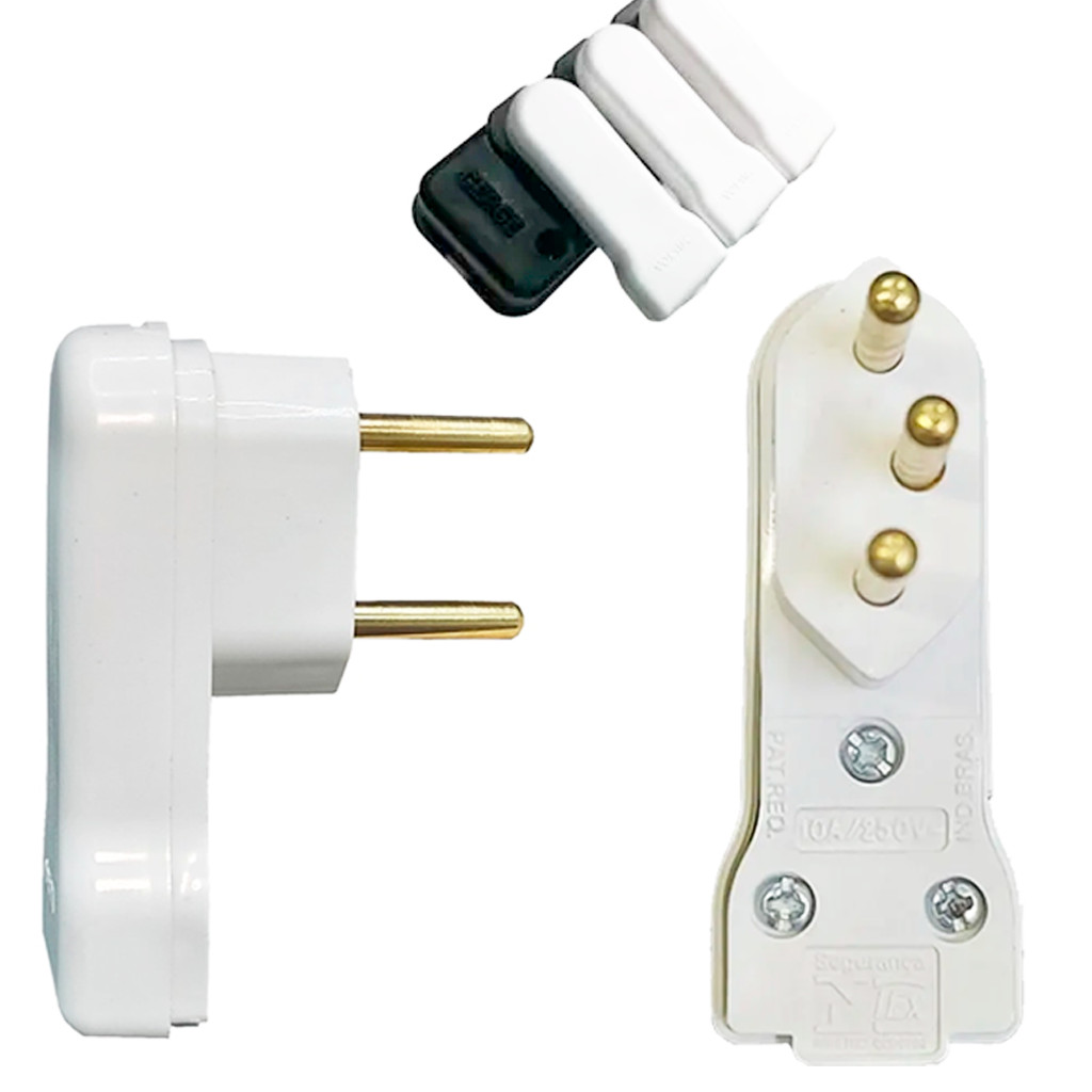 Pino Macho Plug Lateral Longitudinal Branco 10A - 20A Padrão NBR 14136 Para Tomadas Com Pouco Espaço