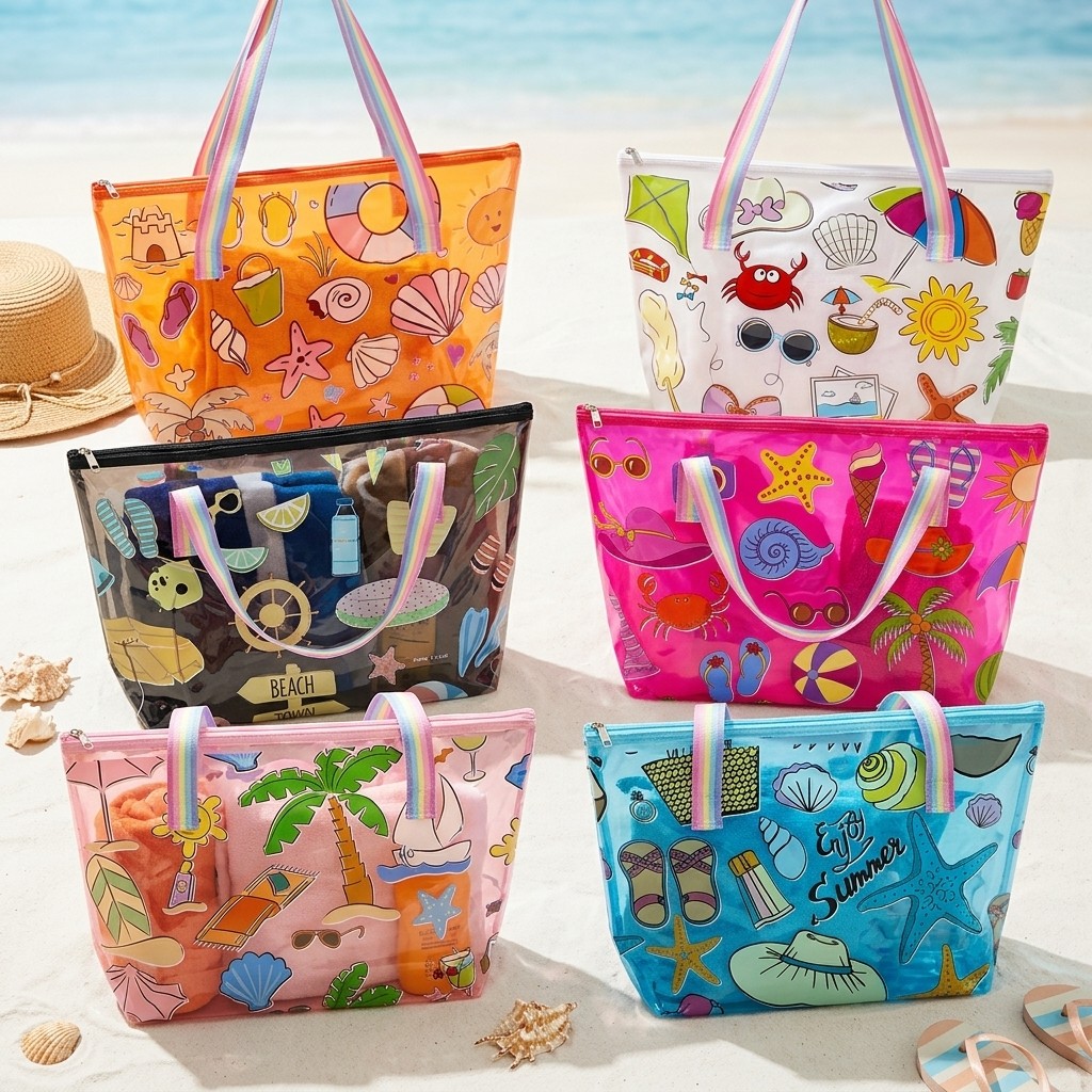 Bolsa De Praia Grande Capacidade PVC Transparente 50x33cm Impermeável Com Zíper E Alça Arco-Íris Para Verão