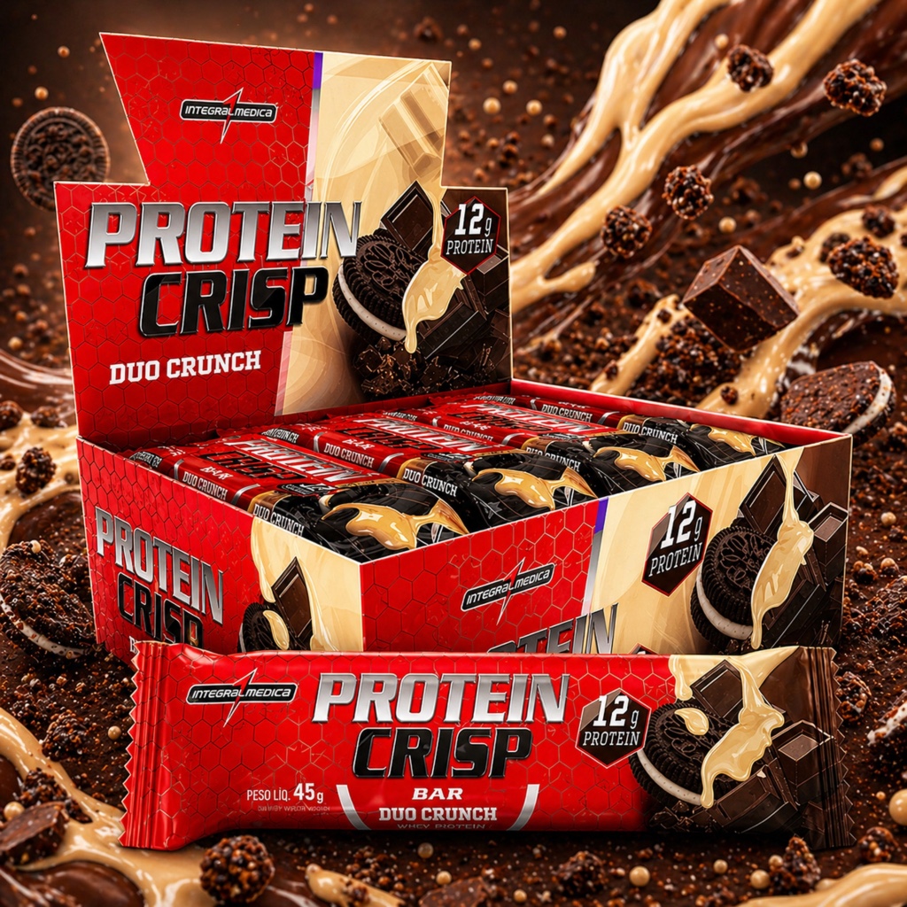 Caixa 12  Barra de Proteína ou Kit 6 Unidades Crisp Bar Integralmedica 45g Barra Proteica Whey