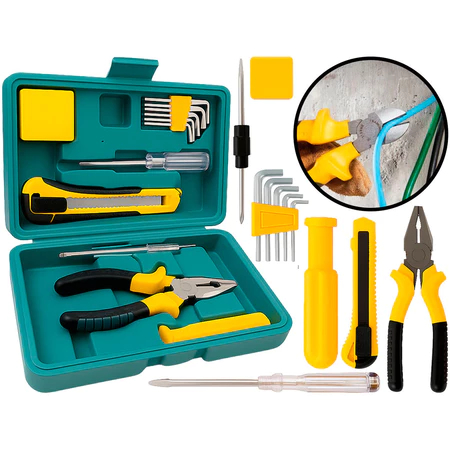 Kit De Ferramentas Manuais Com 12 Peças Maleta Multiuso Trena Alicate Chaves Fenda Philips Estilete