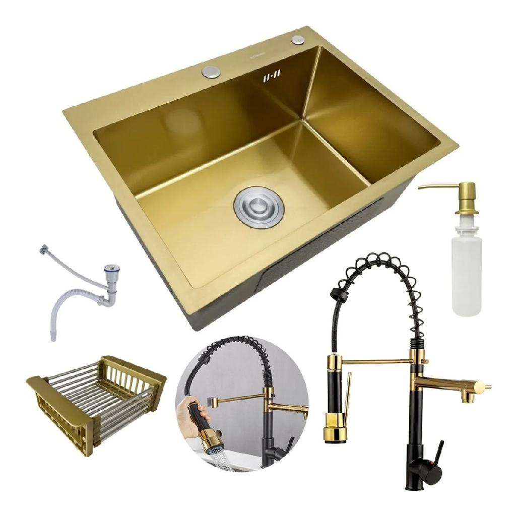 Cuba Pia Inox Dourada Quadrada Cozinha Torneira Flexivel Cor Dourada