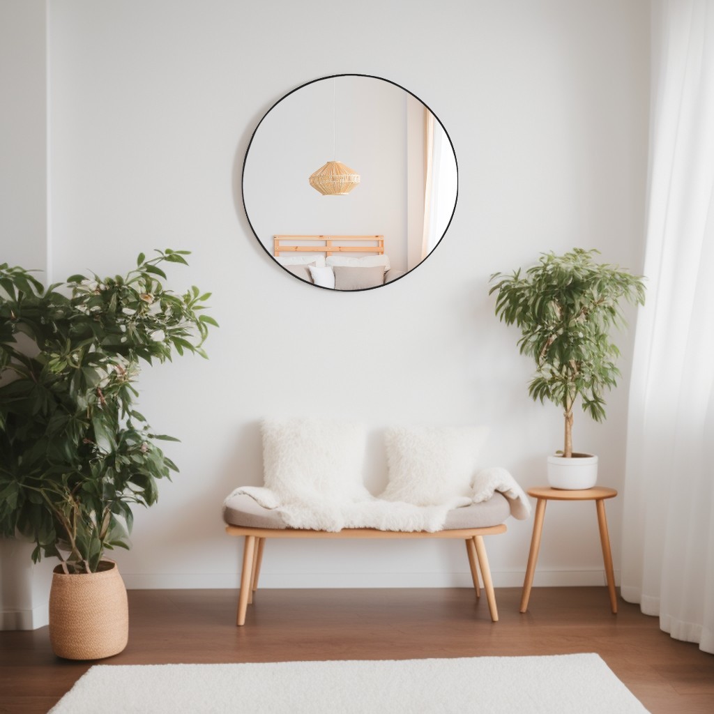 Espelho Redondo 80cm  Grande Couro Suporte Sem Alça  Para Banheiro Quarto Sala Decorativo