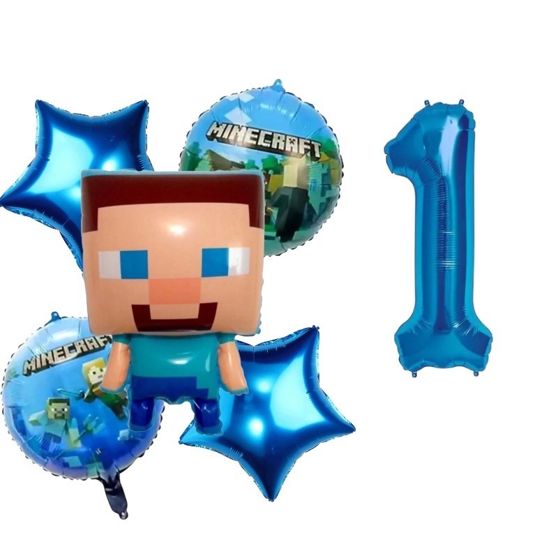 Kit Festa 5 Balão Minecraft + Balão Redondo + Número Azul + Estrela Metalizado Decoração