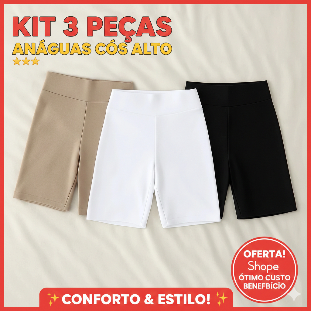 Short Segunda Pele | Kit 3 | Modelador Anágua Feminino Cós Alto, Antiatrito, Não Marca Puro Conforto