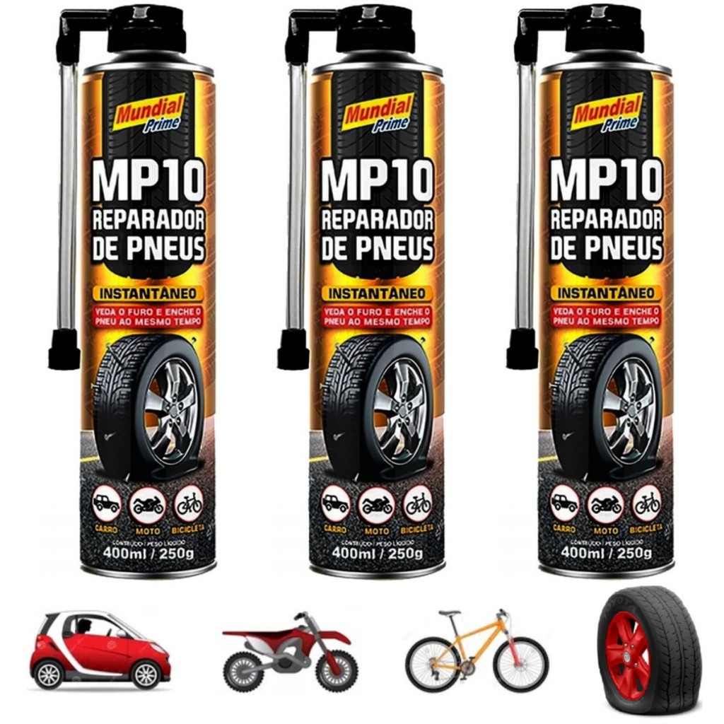 3 REPARADOR PNEU FURADOS SPRAY INSTANTÂNEO 400ML VEDA FURO ENCHE BICICLETA CARRO MOTO BIKE INFLADOR