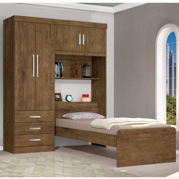 Guarda-Roupa Solteiro 4 Portas com Cama de Solteiro Cancun Yescasa Jequitibá/Avelã