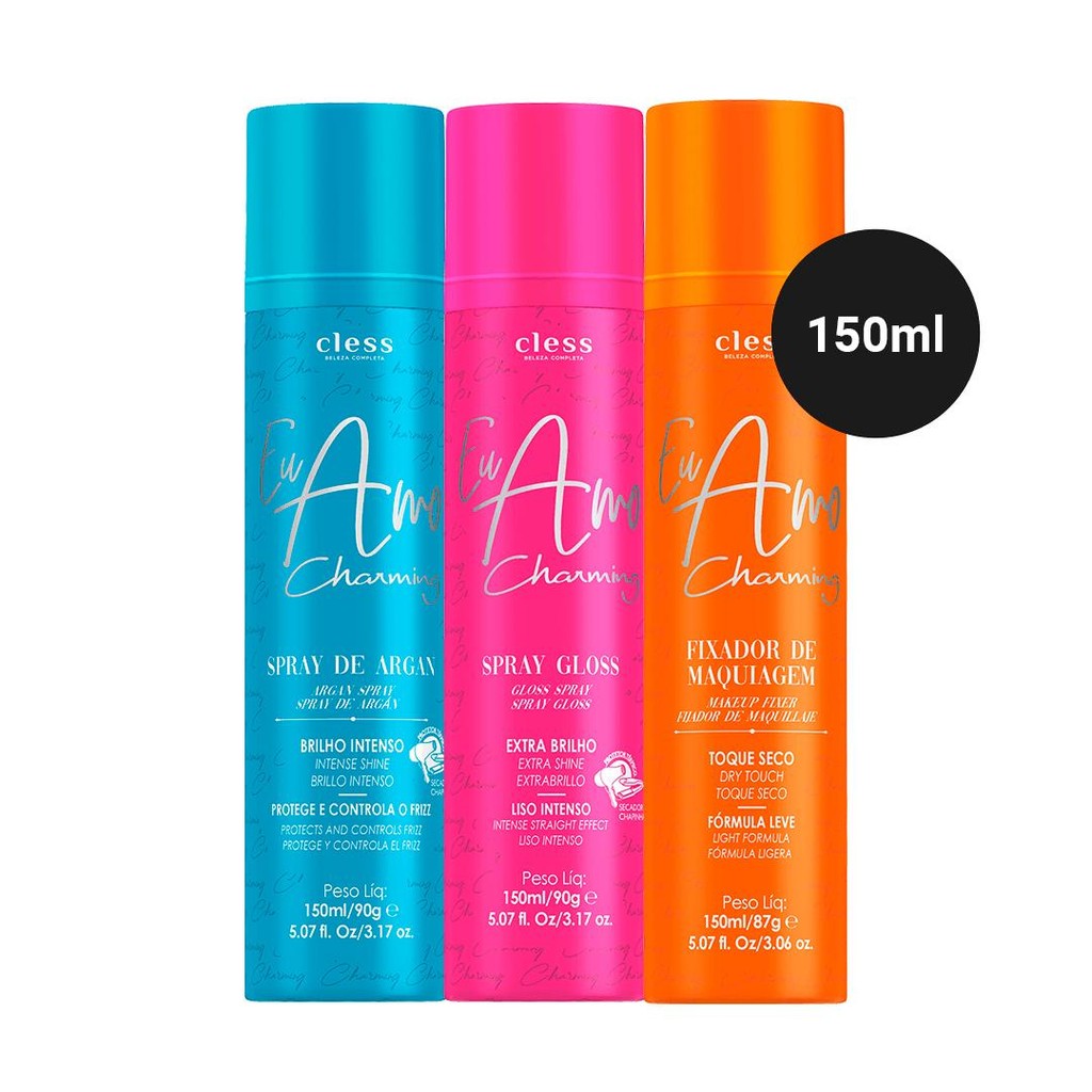 Kit Spray Argan + Spray Gloss + Fixa Maquiagem Eu Amo Charming