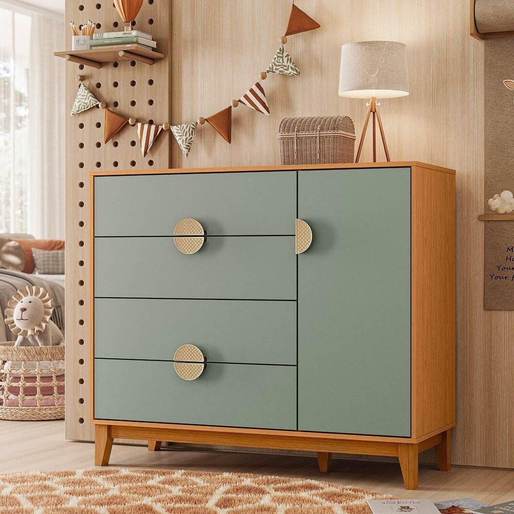 Cômoda Infantil 4 Gavetas e 1 Porta Kid em MDF Cinamomo/Sálvia