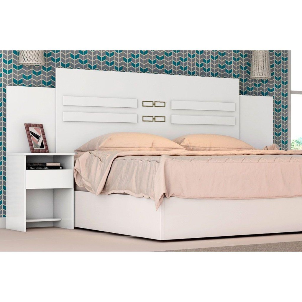 Painel Cama Box Madeirado Casal Triunfo c/ 2 Mesas e 2 Gavetas Branco - Demóbile