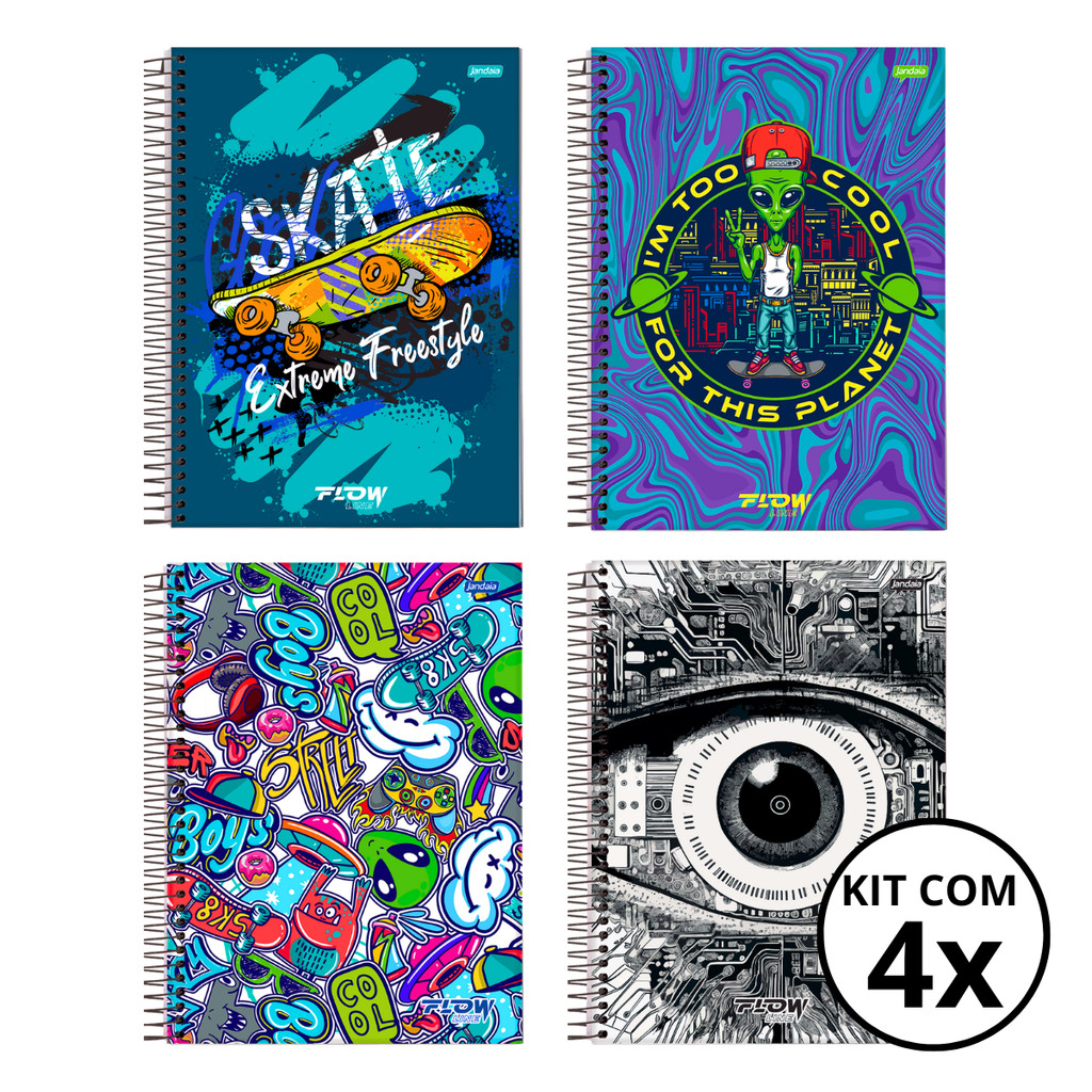Kit 04 Cadernos Universitário 1 Matéria 80 Folhas Flow - Jandaia CAPA:Skate/Alien/Boys/Olho