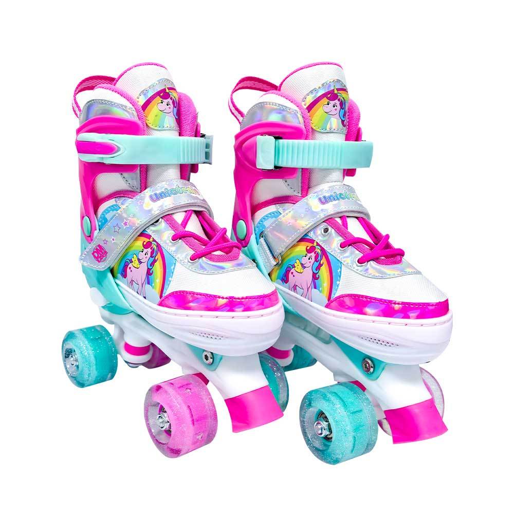 Patins Infantil Unicórnio 4 Rodas Quad Roller Ajustável Led Tamanho 38 a 41