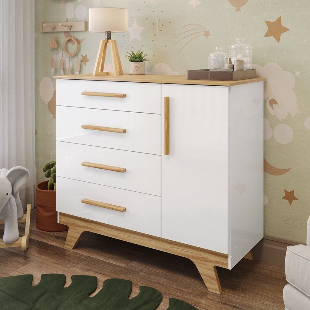 Cômoda Infantil 1 Porta 4 Gavetas 119cm 100% MDF Kakau Retrô Yescasa Branco Brilho/Amêndoa