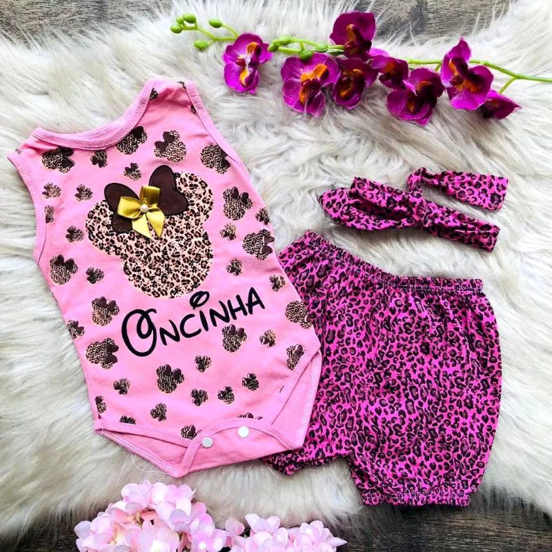 Kit body + short e tiara de cabelo minnie oncinha Conjunto para bebê menina