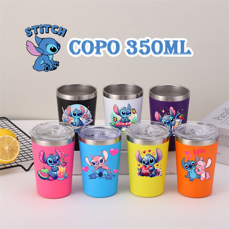 Mini Copo Stitch Aço Inox térmico com tampa Acrílico 350ML
