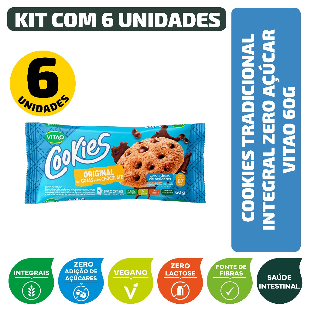 Kit Cookies Tradicional Integral Zero Açúcar Vitao 60G - 6 Unidades