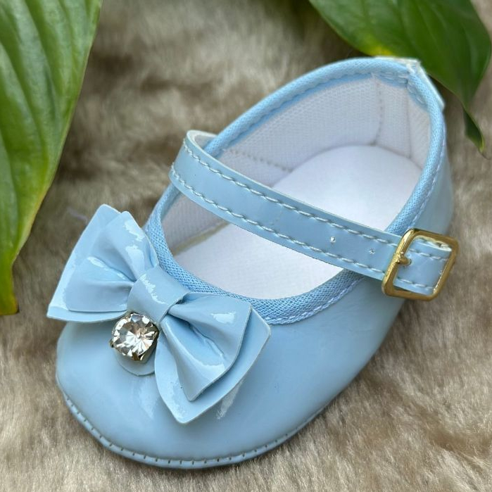 Sapatilha Bebê tipo Boneca Azul Bebe com Laço de Verniz e Strass direto da fábrica recém nascido