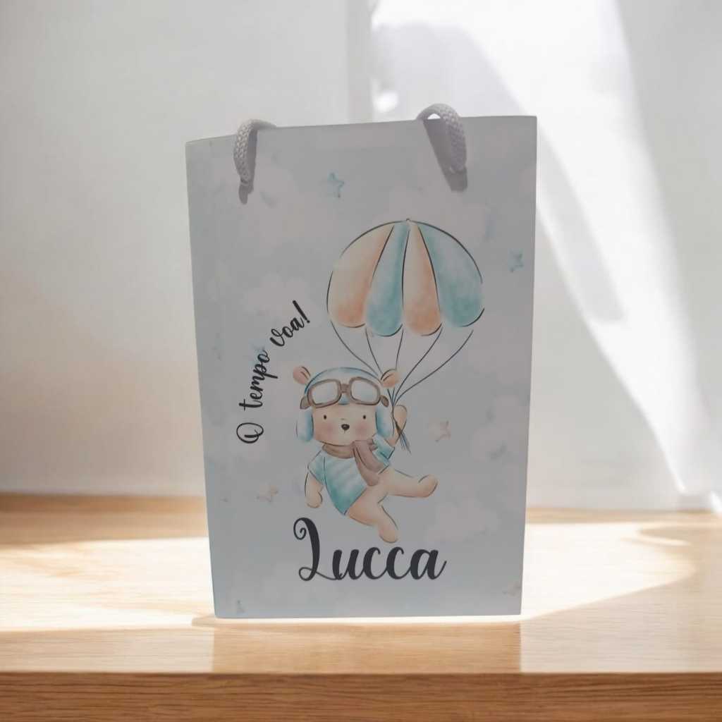 Sacolinha Personalizada com nome  e idade 13x20 O TEMPO VOA MENINO Festa Aniversário Lembrancinha