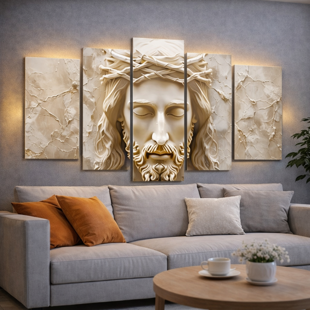 Quadro Decorativo Religioso Face De Cristo Sala Hall Mosaico 5 Peças