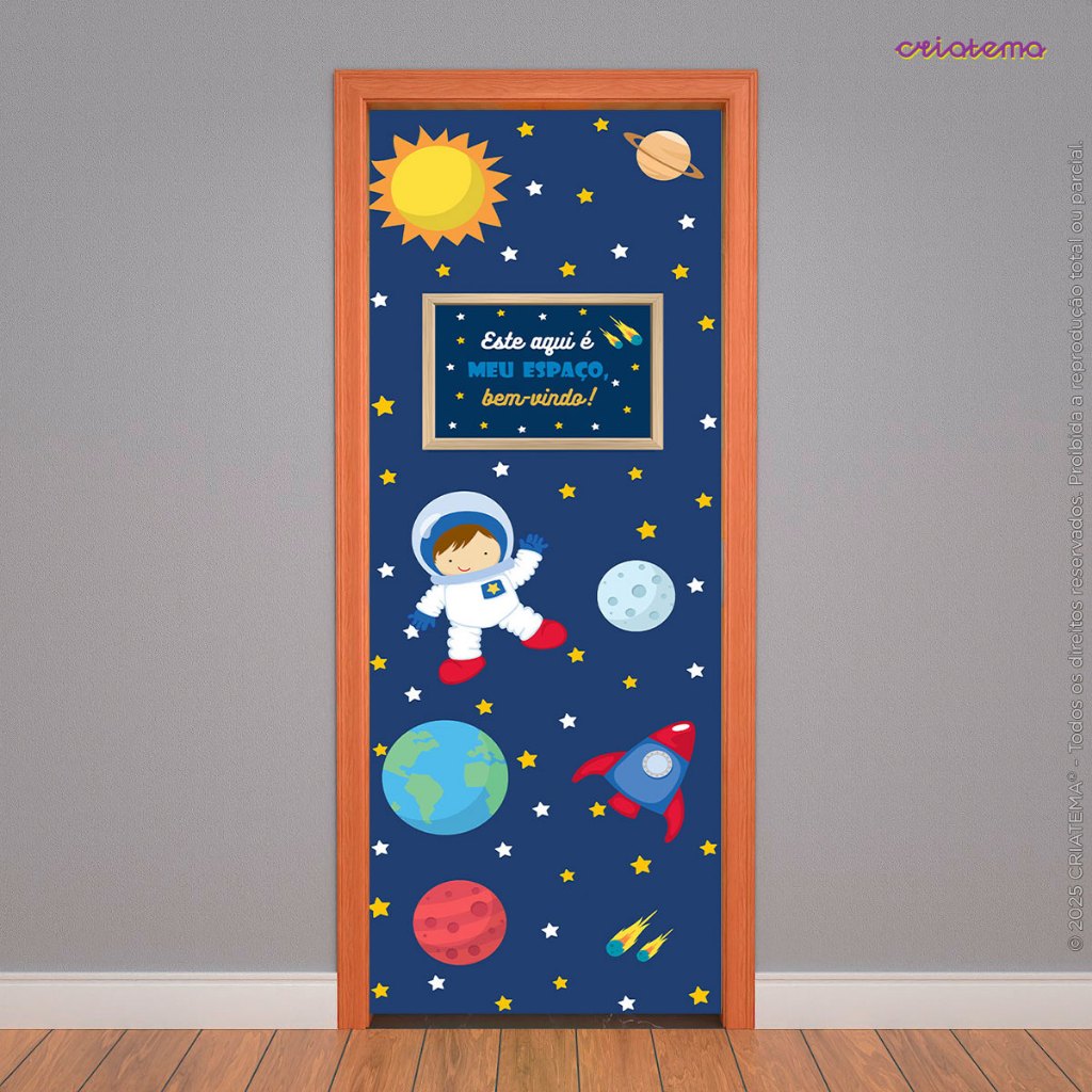 Capa de Porta Astronauta Quarto Infantil Decoração Painel Em Tecido 0,85x2,10m C/Elástico