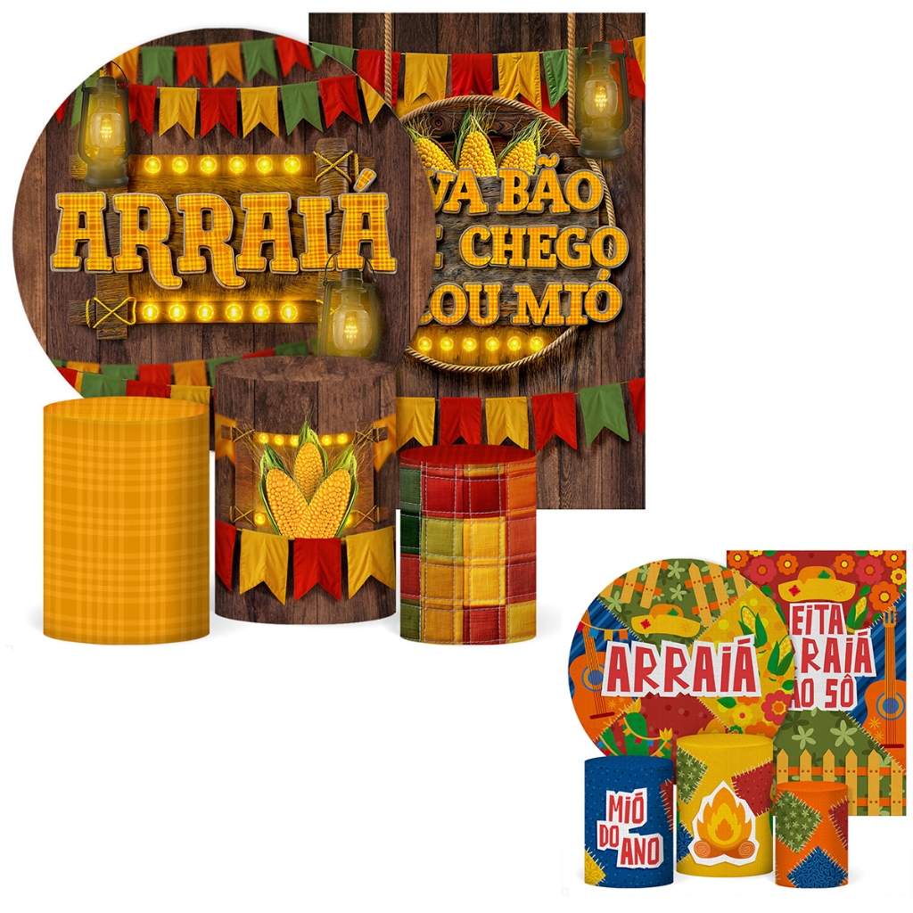 Kit 5 peças Festa Junina Capa Painel + Capa Retangular + Trio Cilindros Tecido para Festa