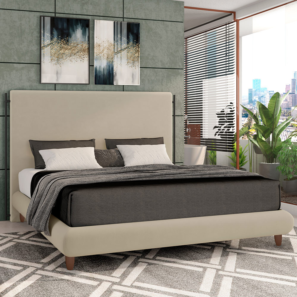 Cama Casal Queen Base Box Pés de Madeira 176cm Otto P05 Veludo Bege - Lyam Decor