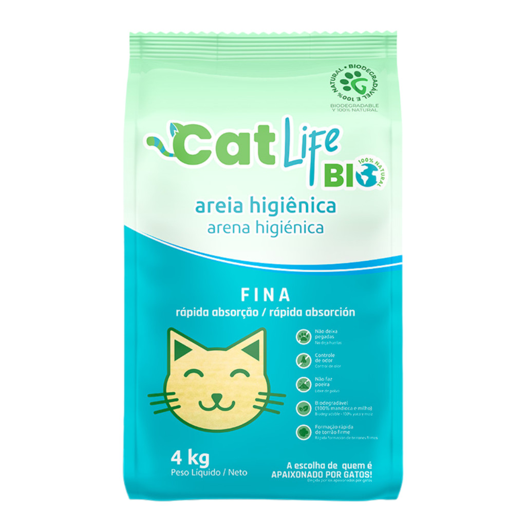 Areia para Gatos Higiênica Biodegradável Cat Life Bio Grãos Finos feita de Milho e Mandioca 4kg