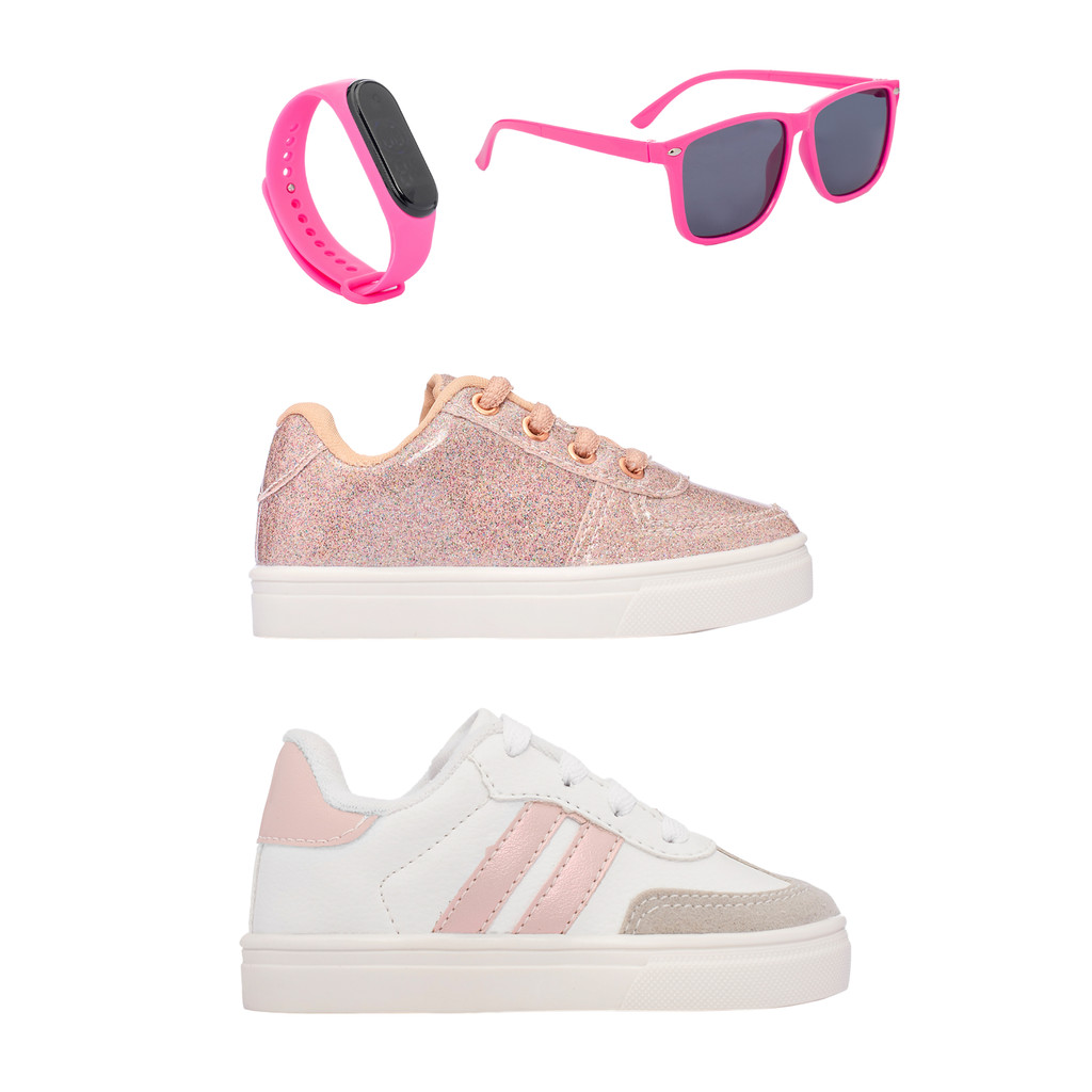 Combo Infantil Feminino 2 Pares Tenis + Oculos e Relogio Menina Funfy