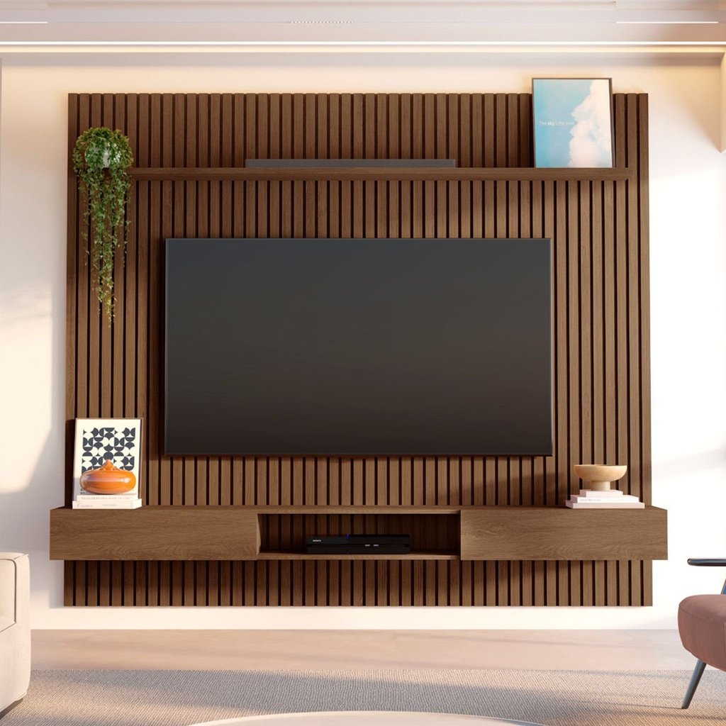 Painel Ripado para TV até 85 Polegadas 100% MDF 230,5cmx250cm Nicho Aloe CabeCasa MadeiraOriginals Marrom Cedro Cedro