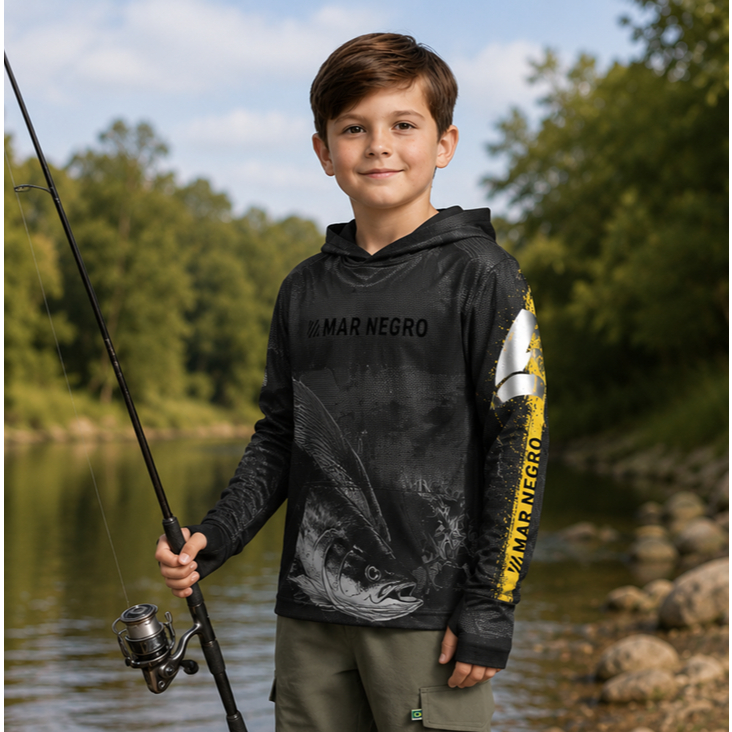 camiseta infantil pesca mar negro com capuz e luva X-Potection sublimada proteção solar 50+uv criança