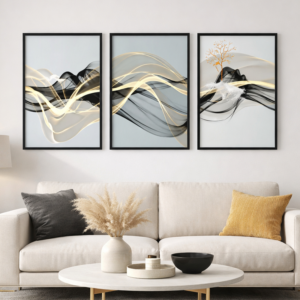 Quadro Decorativo Oscilação Abstrato Moderno Com Moldura 3 Telas Elegante Para Sala Quarto