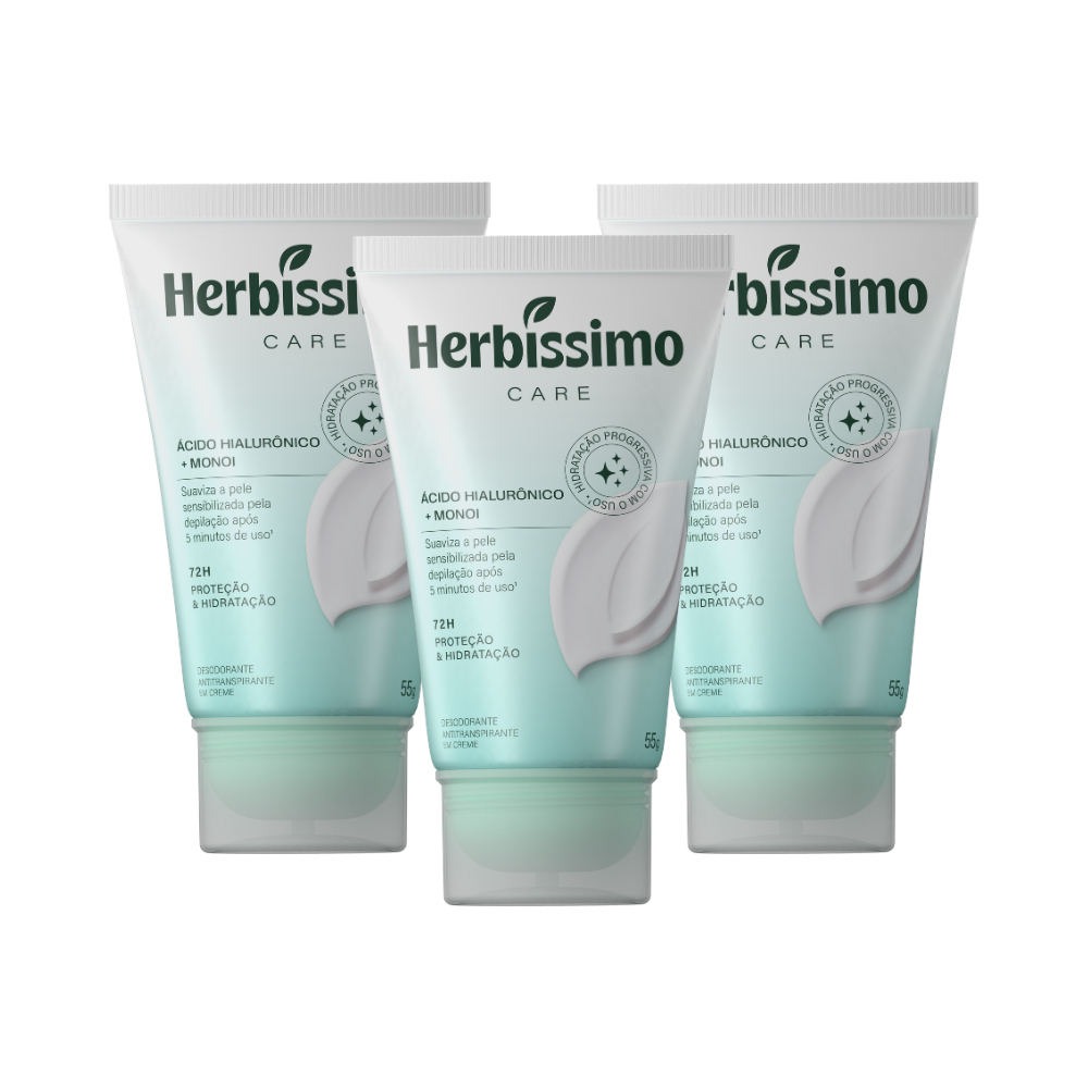 Kit Creme Desodorante Antitranspirante Herbíssimo Bisnaga Care Monoi E Ácido Hialurônico 55g (3 unidades)