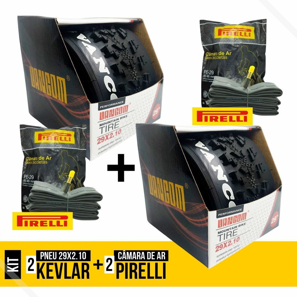Par de Pneus Aro 29 x 2.10 Mtb S/ Arame Kevlar Vancon + 2 Camara de Ar 29 Pirelli