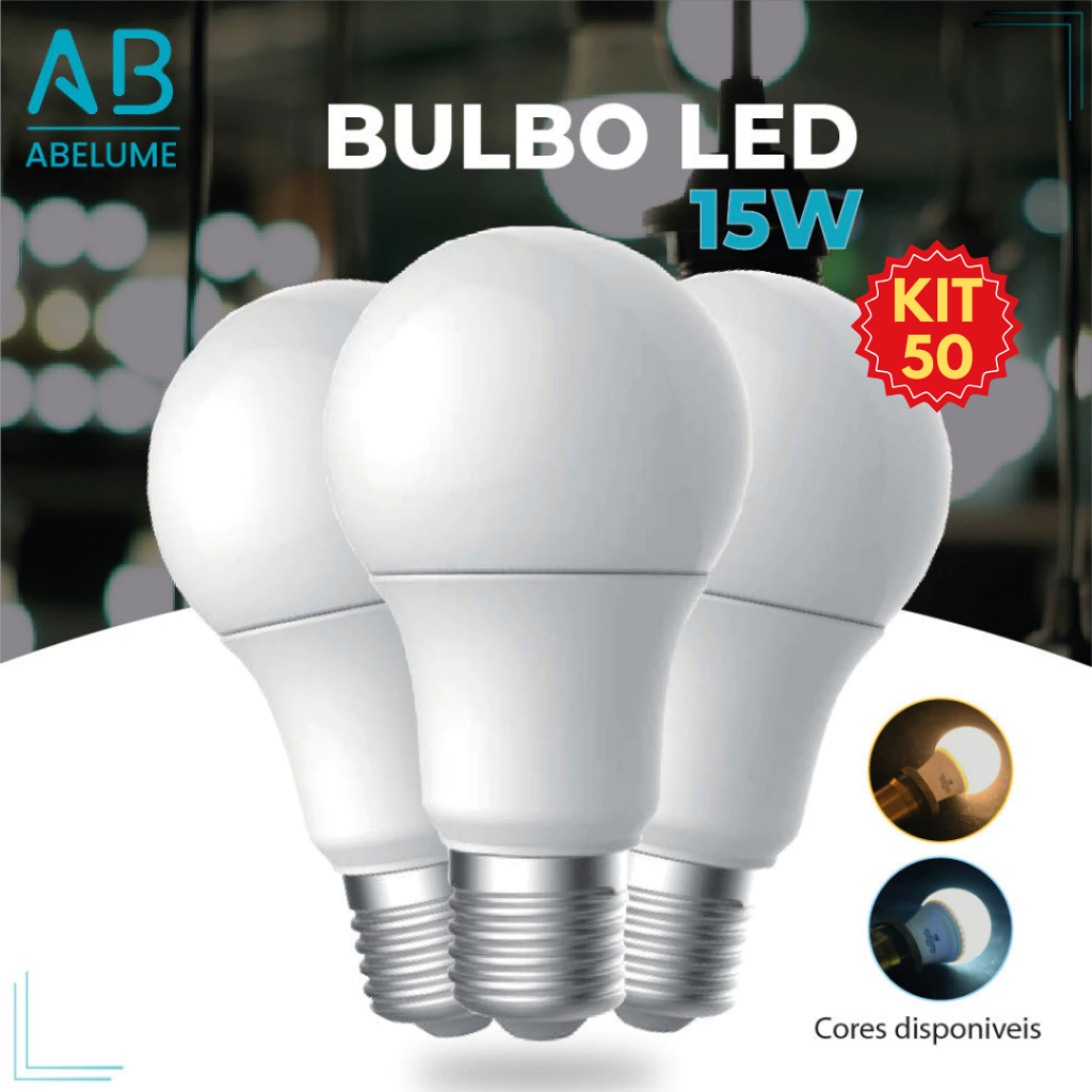 Kit 50 Lâmpada Led Bulbo 15w Branco Frio 6500K | Bivolt E27 Luz Branca e Luz Amarela para Ambientes externos e internos